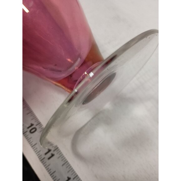 Vintage Blown Cranberry Art Glass Vase Etched Floral Iridescent Flash Footed - Picture 8 of 8